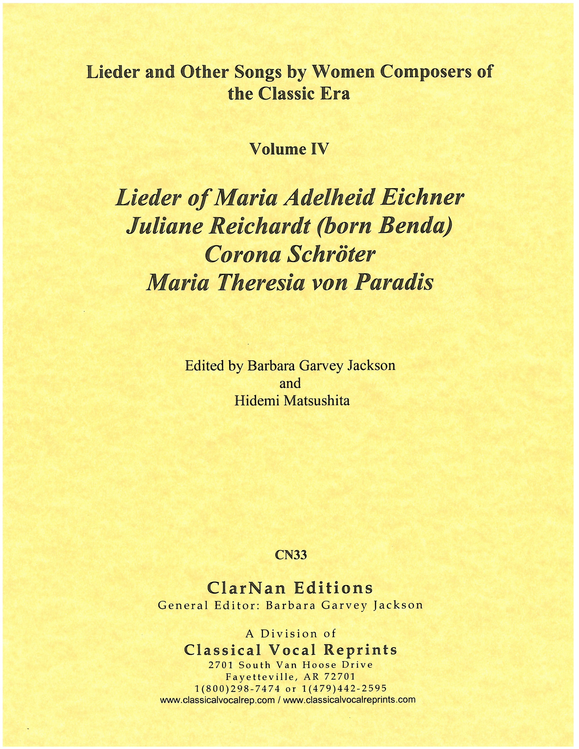Lieder of Adelheid Maria Eichner, Juliane Reichartdt, Corona Schröter and Maria Theresia von Paradis