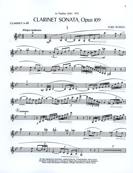 Bowen: Clarinet Sonata, Op. 109
