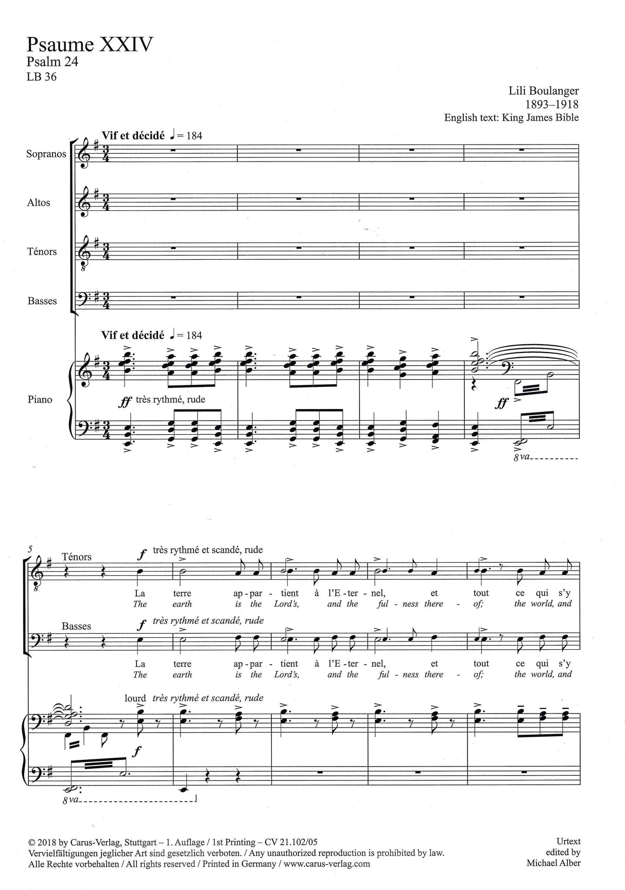 L. Boulanger: Psalm 24, LB 36 - Version for Choir and Piano