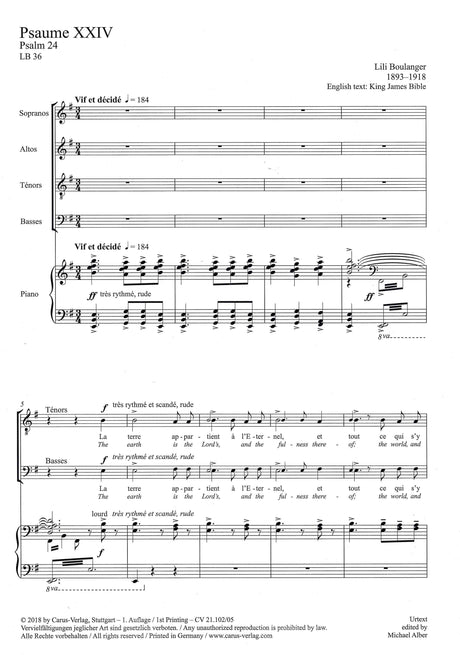 L. Boulanger: Psalm 24, LB 36 - Version for Choir and Piano