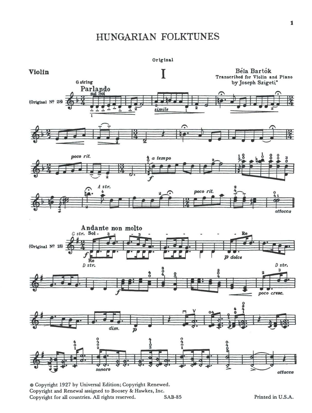 Bartók: Hungarian Folktunes (trans. Szigeti)