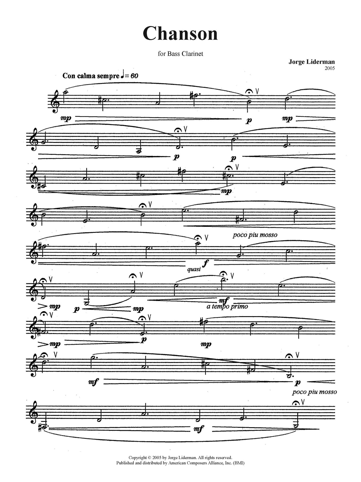 Liderman: Chanson (Version for Bass Clarinet)