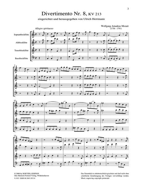 Mozart: Divertimento No. 8, K. 213 (arr. for recorder quartet)