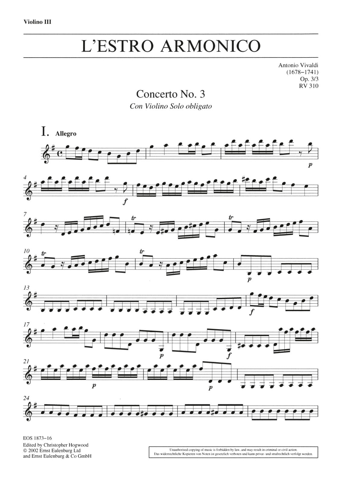Vivaldi: L'Estro Armonico, RV 310, Op. 3, No. 3