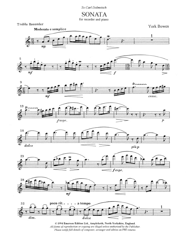 Bowen: Sonatina for Recorder and Piano, Op. 121