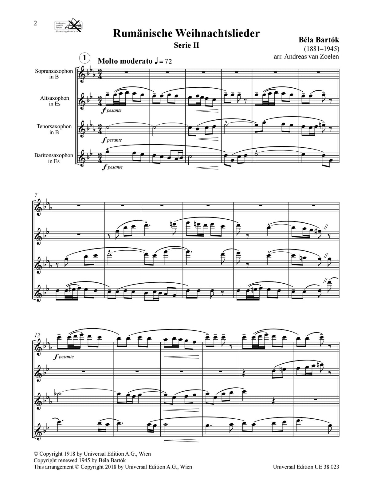 Bartók: Romanian Christmas Carols (arr. for sax quartet)