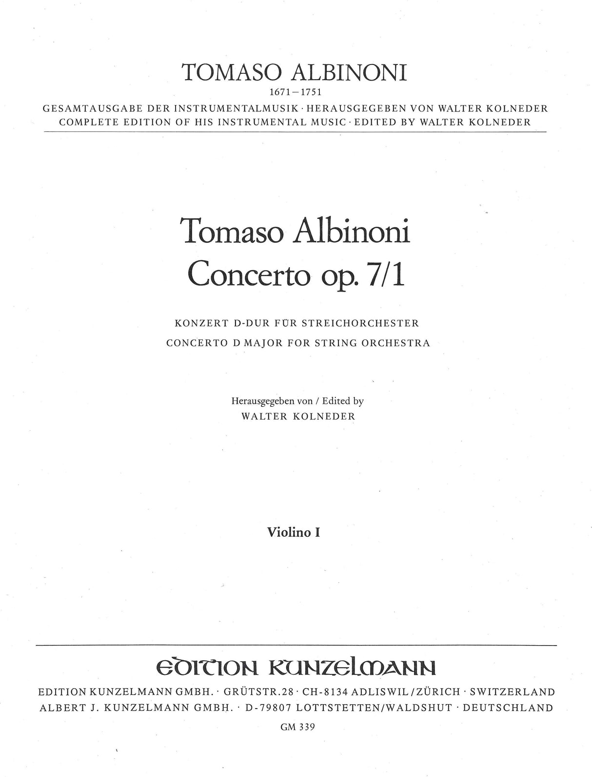 Albinoni: Concerto a cinque in D Major, Op. 7, No. 1