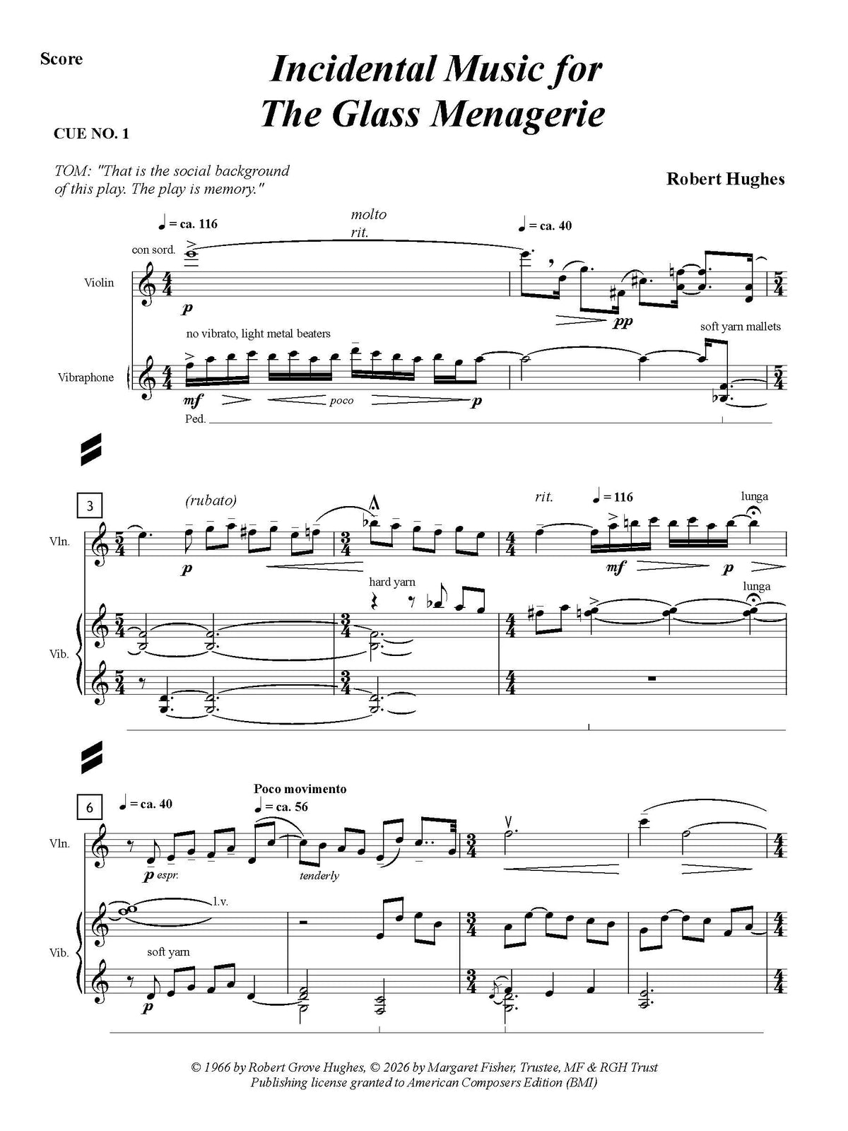 Hughes: Incidental Music for "The Glass Menagerie"
