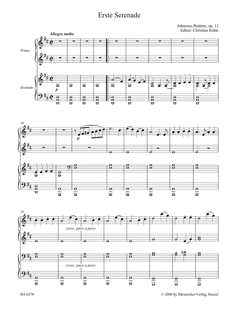 Brahms: Serenade No. 1 in D Major, Op. 11 (version for piano, 4-hands)