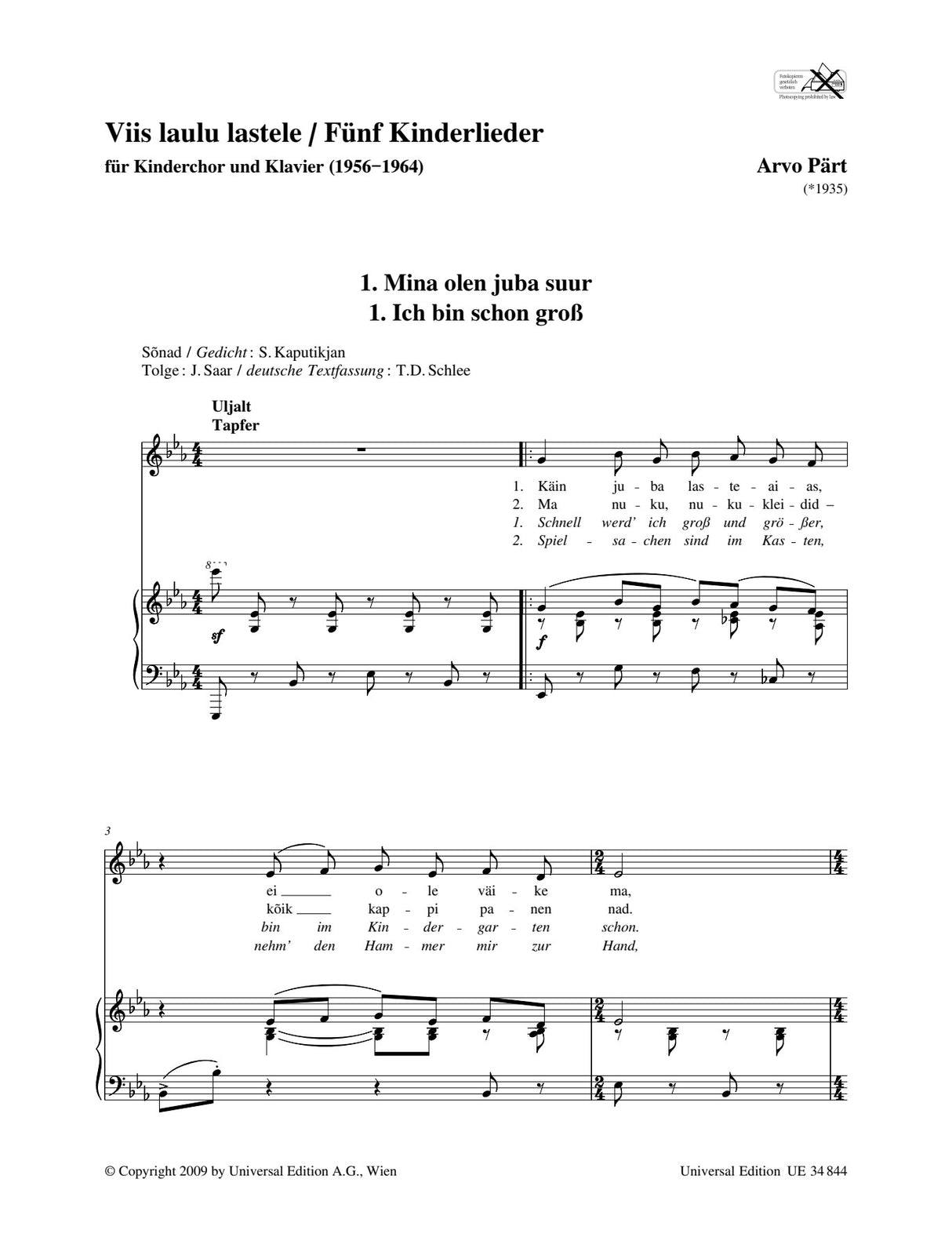 Pärt: Viis laulu lastele