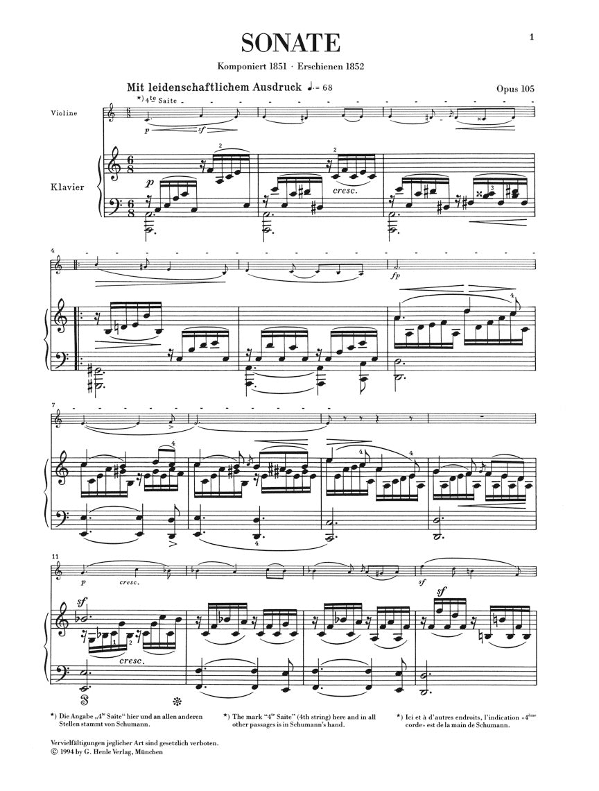 Schumann: Violin Sonata No. 1 in A Minor, Op. 105 – Ficks Music