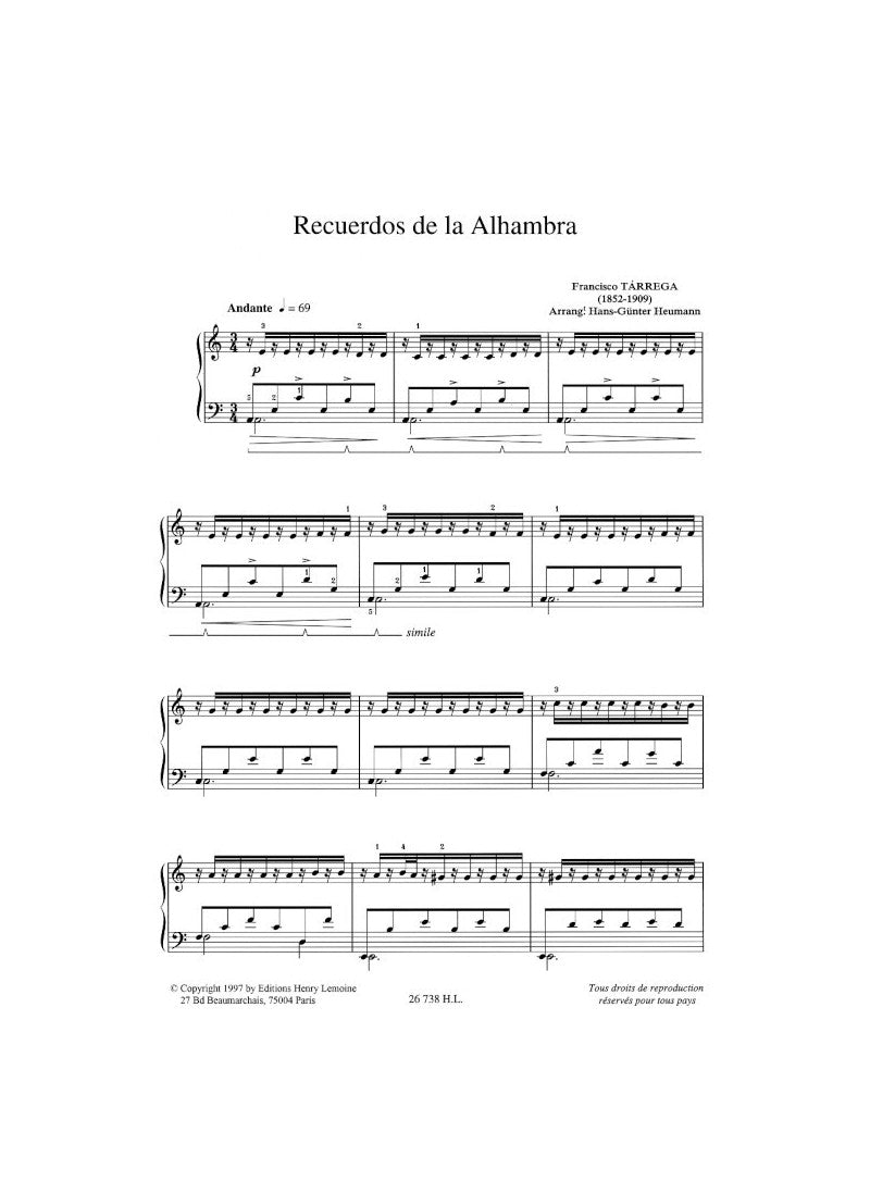 Tárrega: Recuerdos de la Alhambra (arr. for piano)
