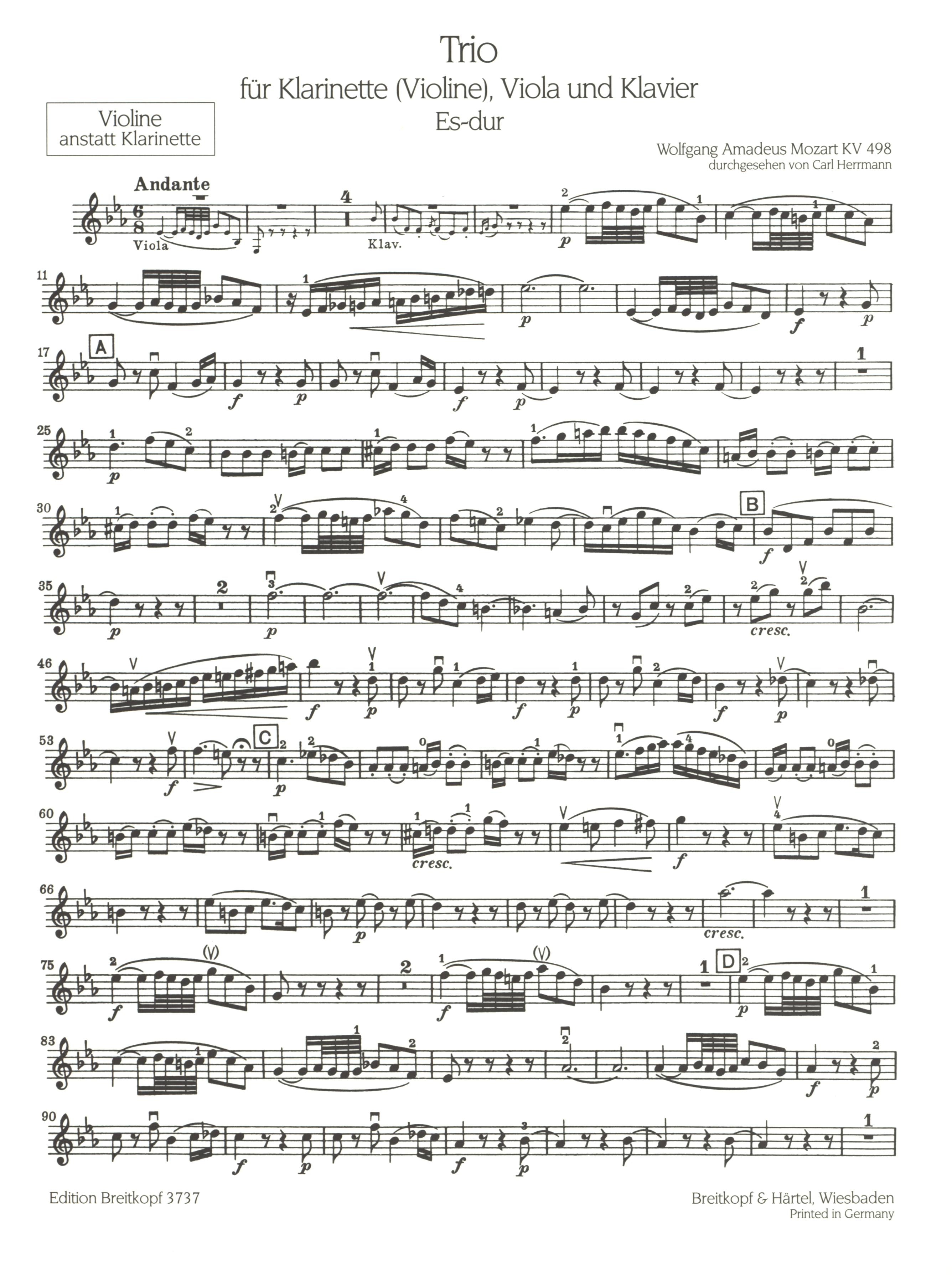 Mozart: Trio for Piano, Clarinet or Violin, Viola in E-flat Major