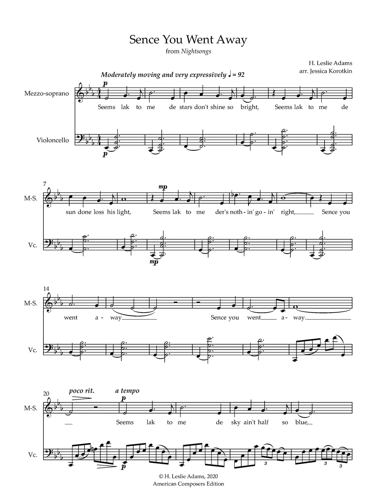 H.L. Adams: Sence You Went Away (arr. for mezzo & cello)