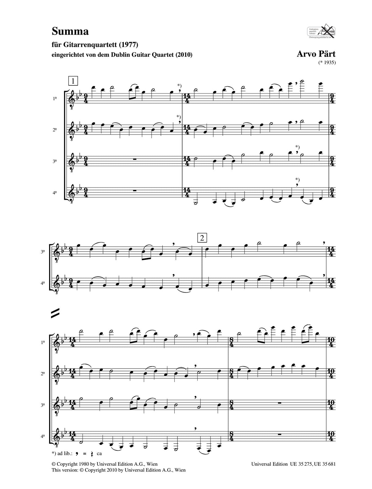 Pärt: Summa (for guitar quartet)