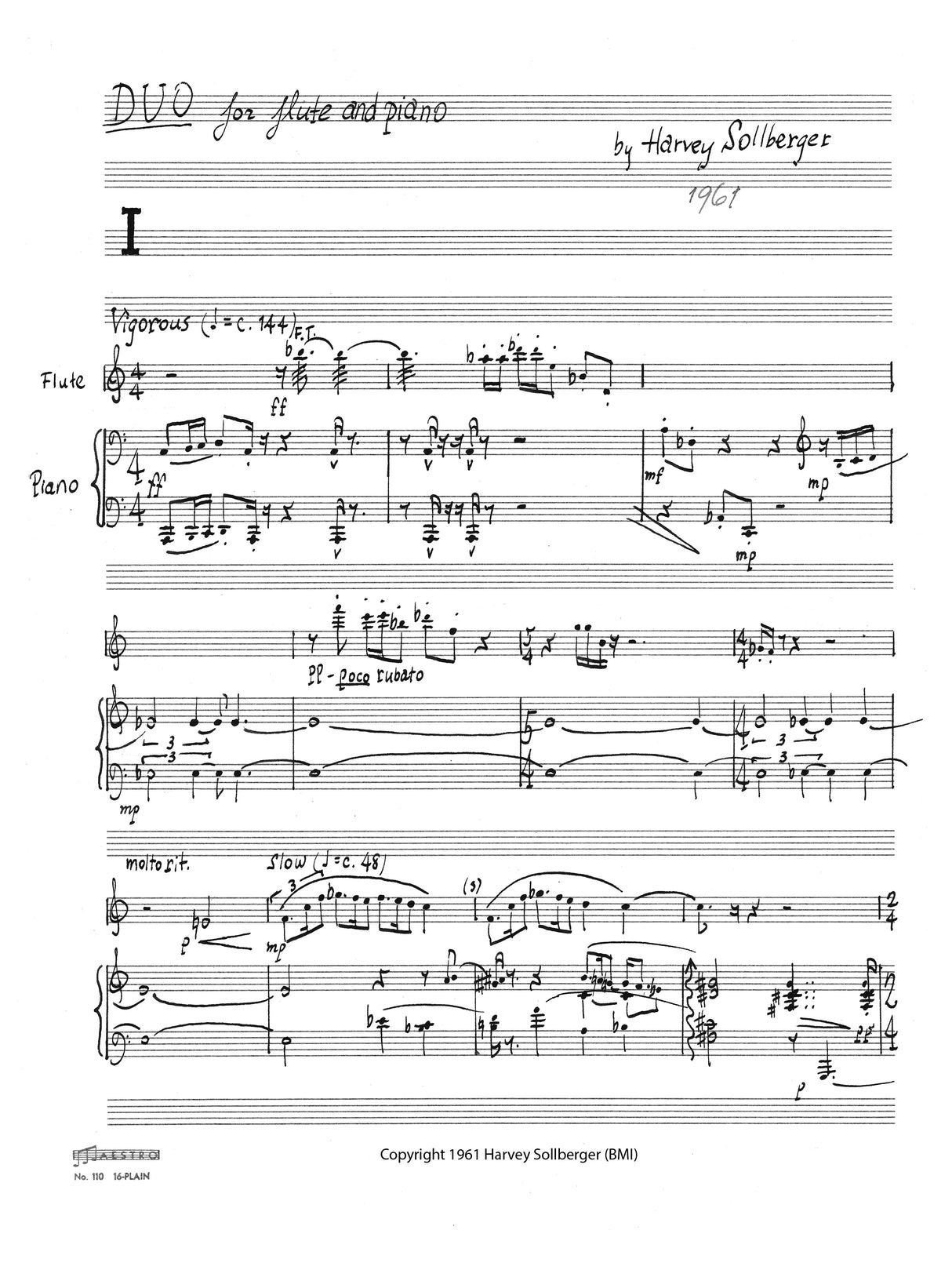 Sollberger: Duo for Flute and Piano