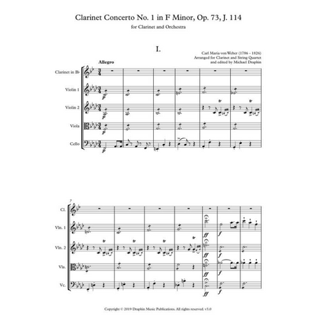 Weber: Clarinet Concerto No. 1 in F Minor, Op. 73 (arr. for clarinet & string quartet)