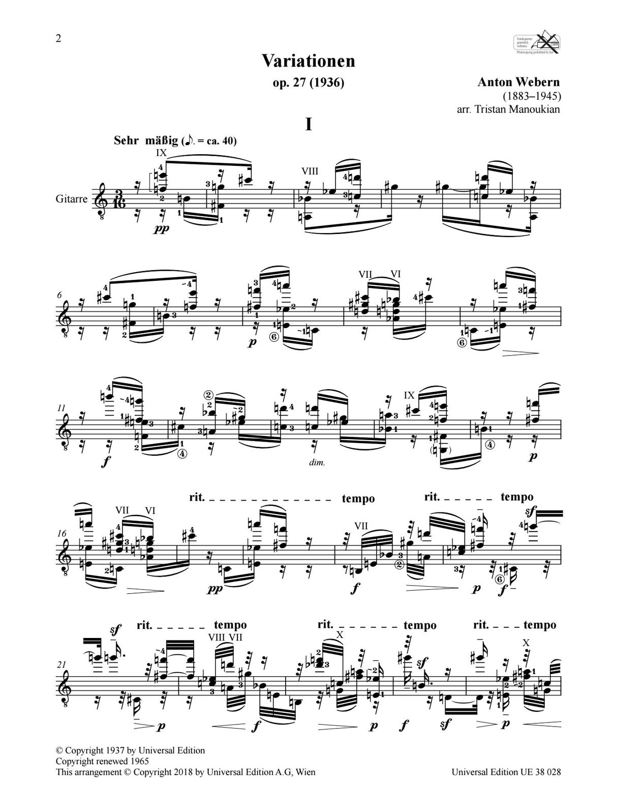 Webern: Variations, Op. 27 (arr. for guitar)