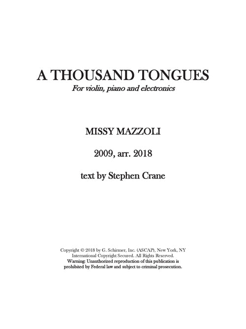 Mazzoli: A Thousand Tongues (Version for Violin, Piano, & Electronics)