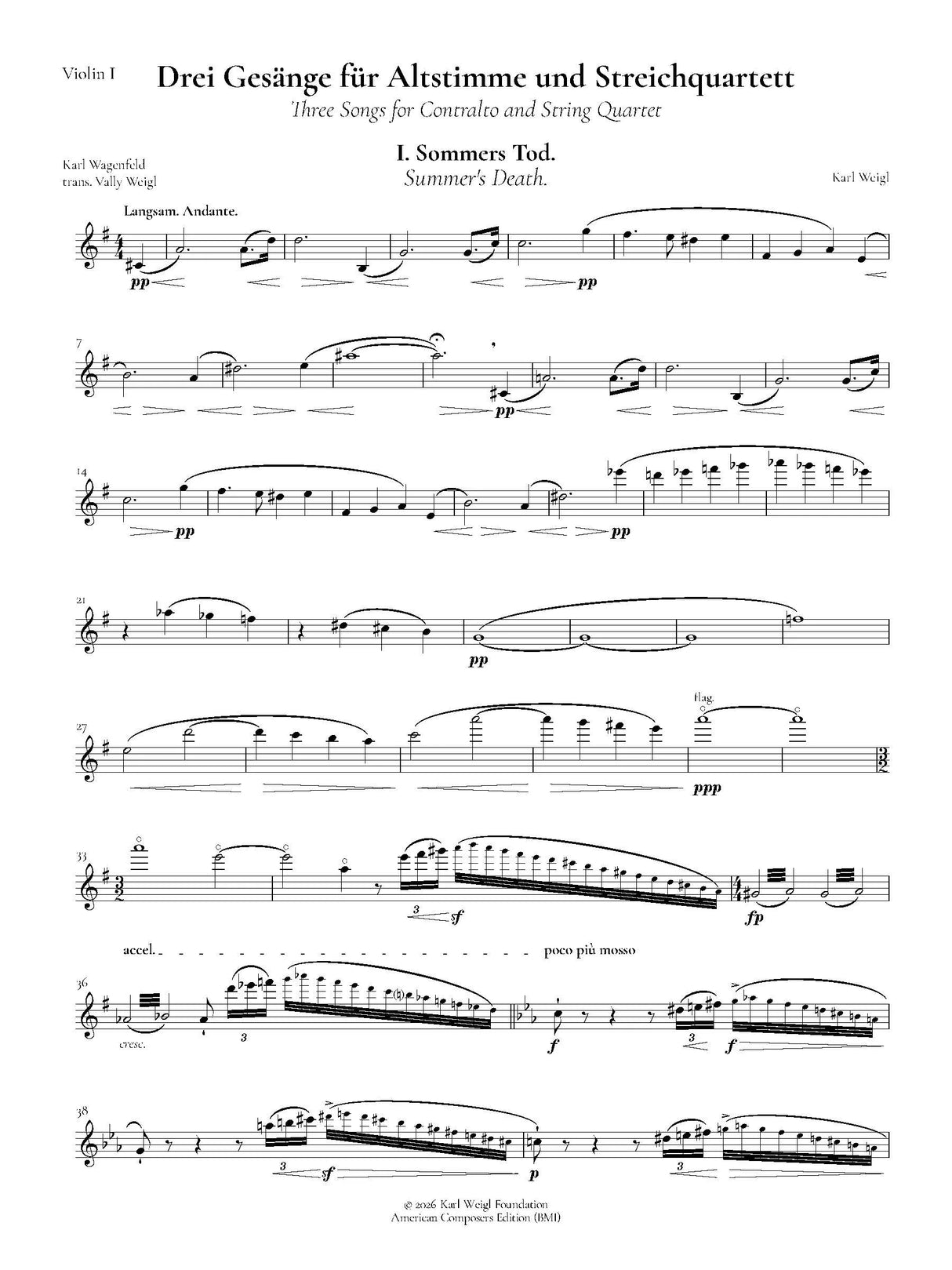 Weigl: Three Songs for Contralto and String Quartet