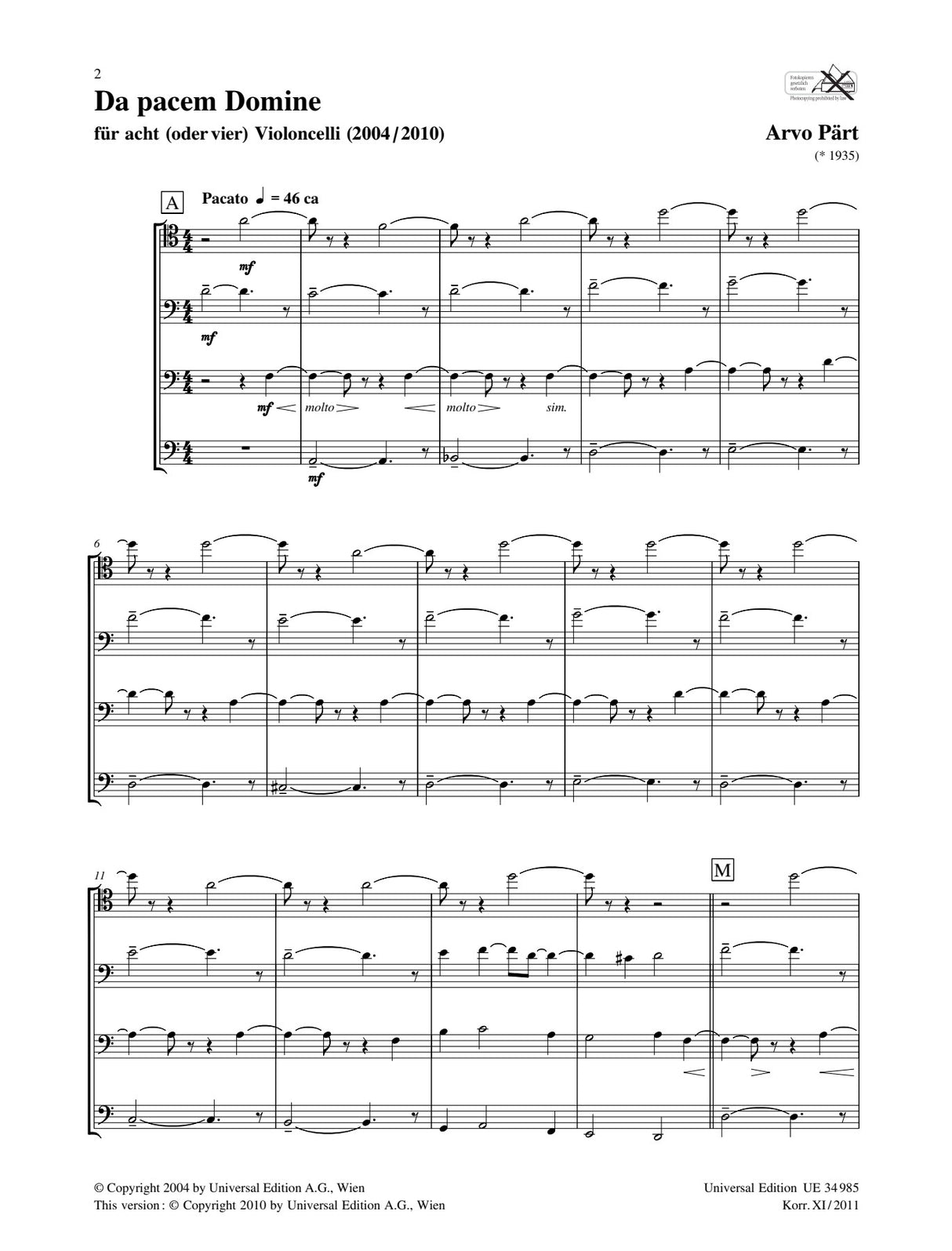 Pärt: Da pacem Domine (arr. for 8 or 4 cellos)