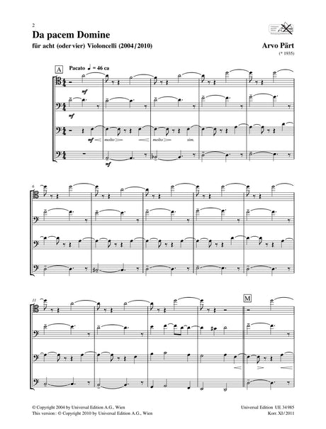 Pärt: Da pacem Domine (arr. for 8 or 4 cellos)