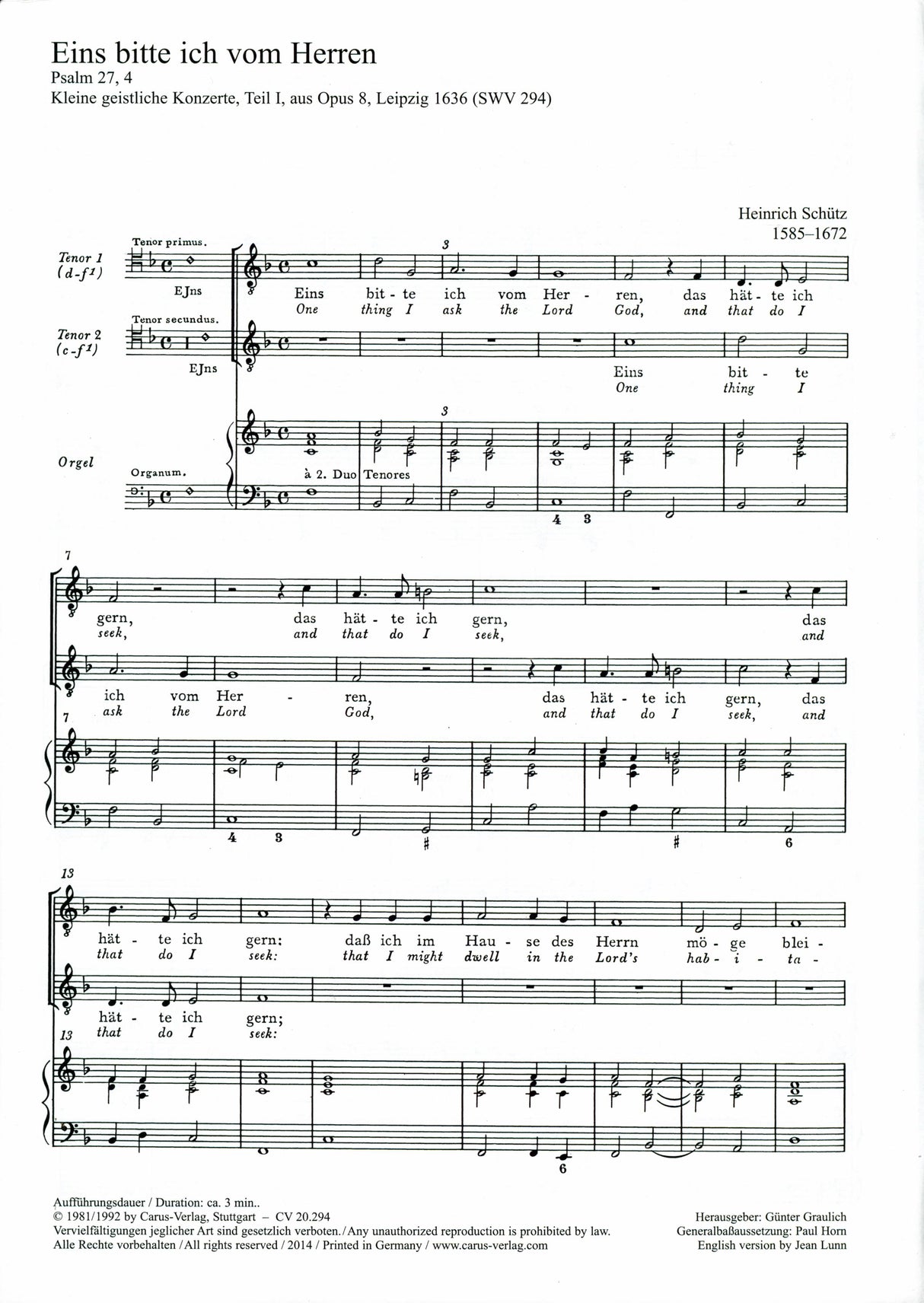 Schütz: Psalm 27:4 - "Eins bitte ich vom Herren"