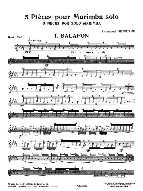 Séjourné: 5 Pieces for Marimba