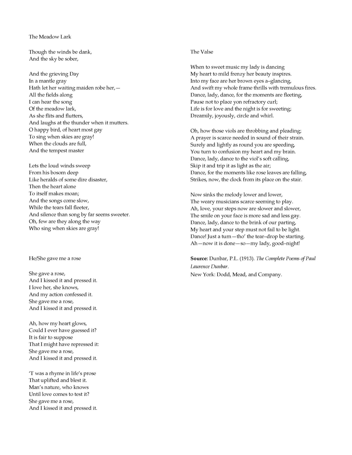 H.L. Adams: Dunbar Songs