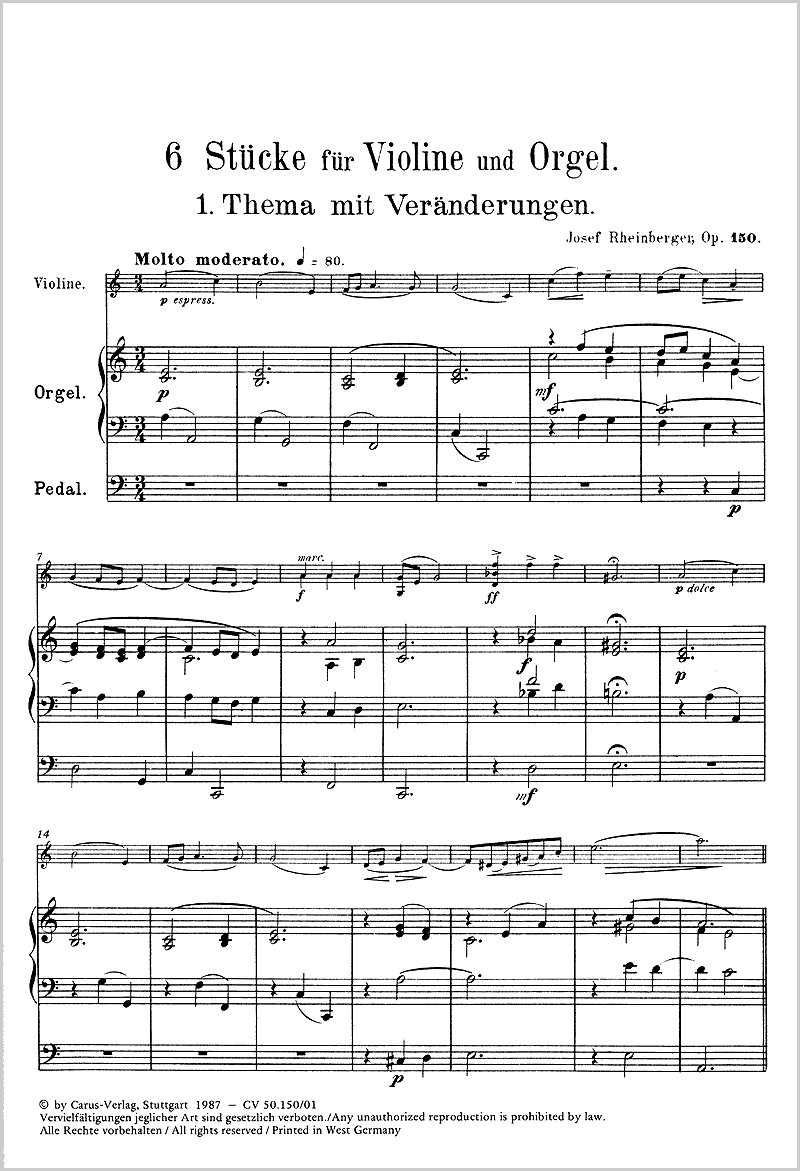 Rheinberger: 6 Pieces for Violin & Organ, Op. 150