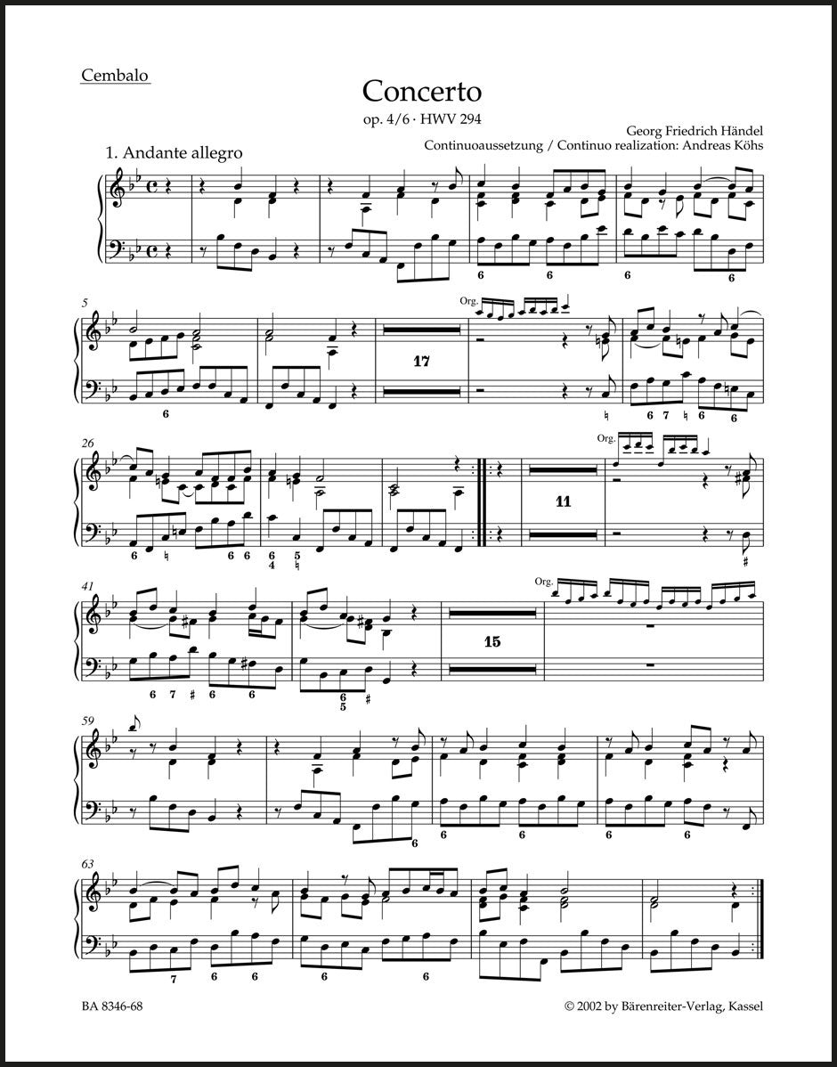 Handel: Organ Concerto in B-flat Major, HWV 294, , Op. 4, No. 6