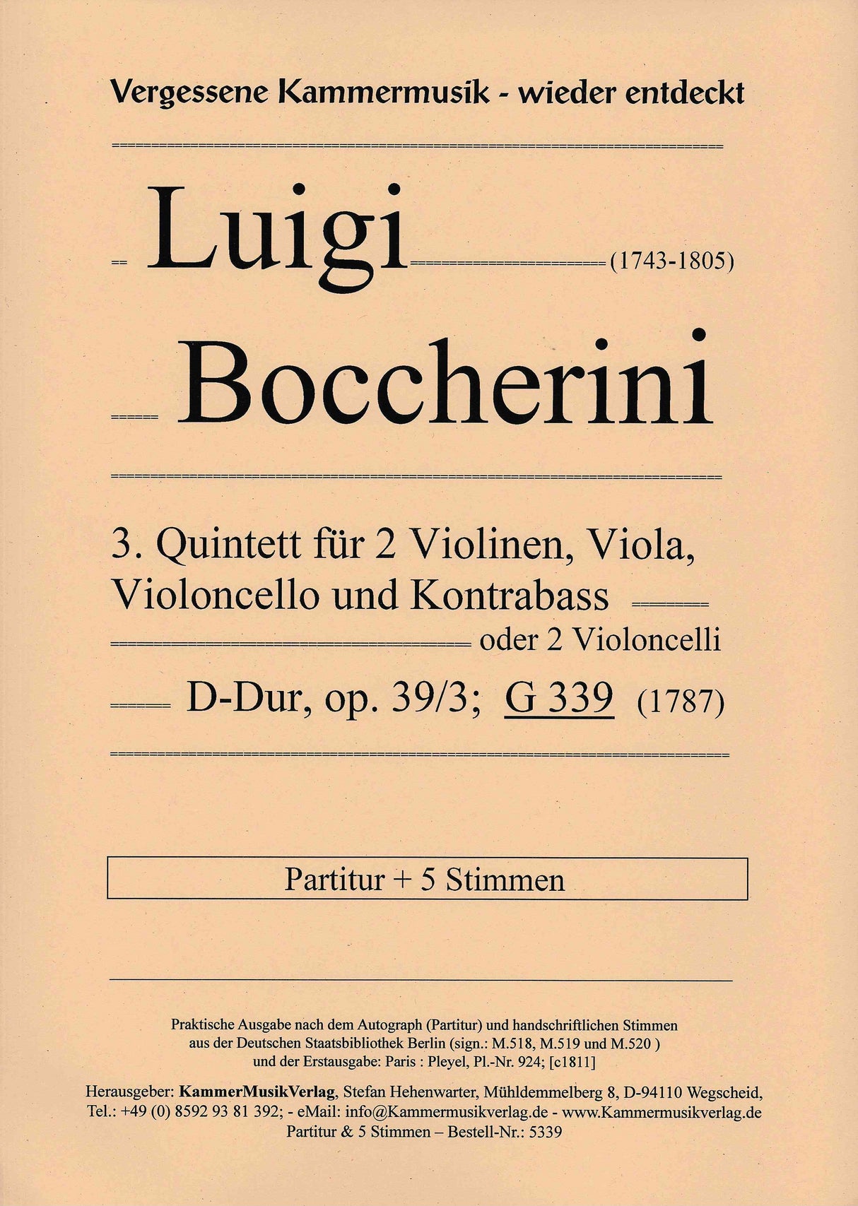 Boccherini: String Quintet No. 3 in D Major, G 339, Op. 39, No. 3