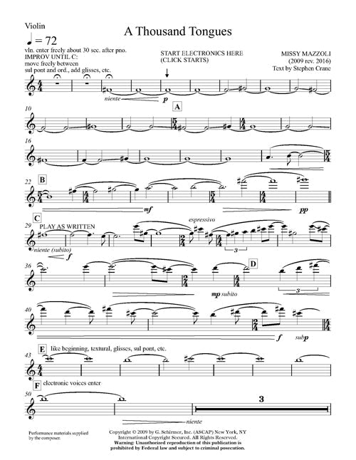 Mazzoli: A Thousand Tongues (Version for Violin, Piano, & Electronics)
