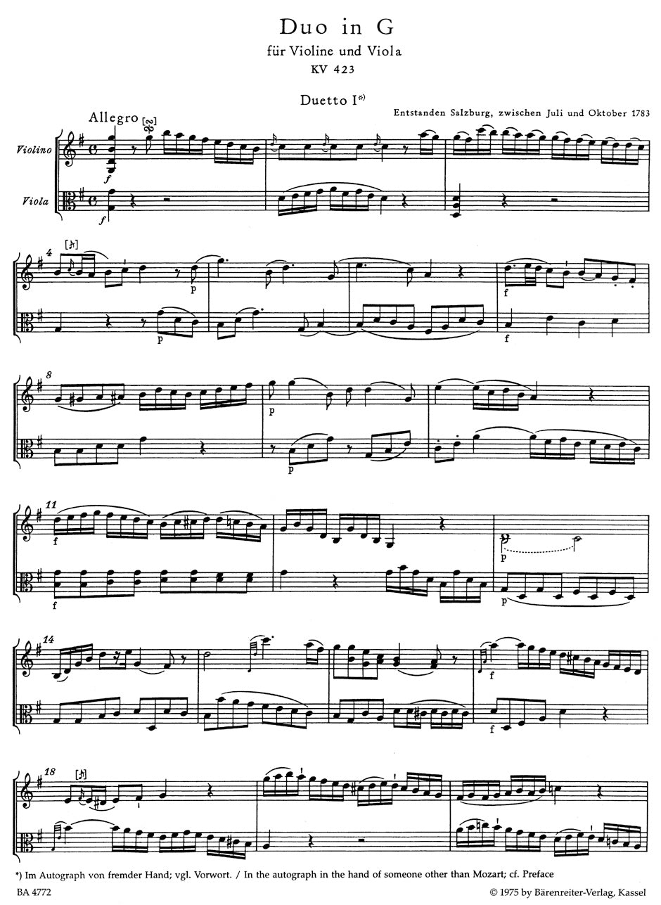 Mozart: Duets for Violin and Viola, K. 423 and 424 – Ficks Music