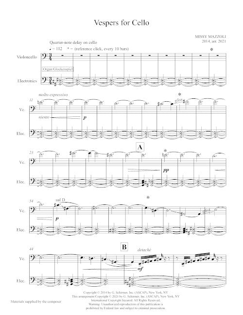 Mazzoli: Vespers (Version for Cello & Electronics)