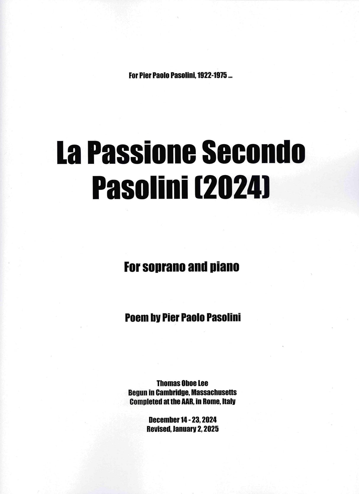 T.O. Lee: Passione Secondo Pasolini