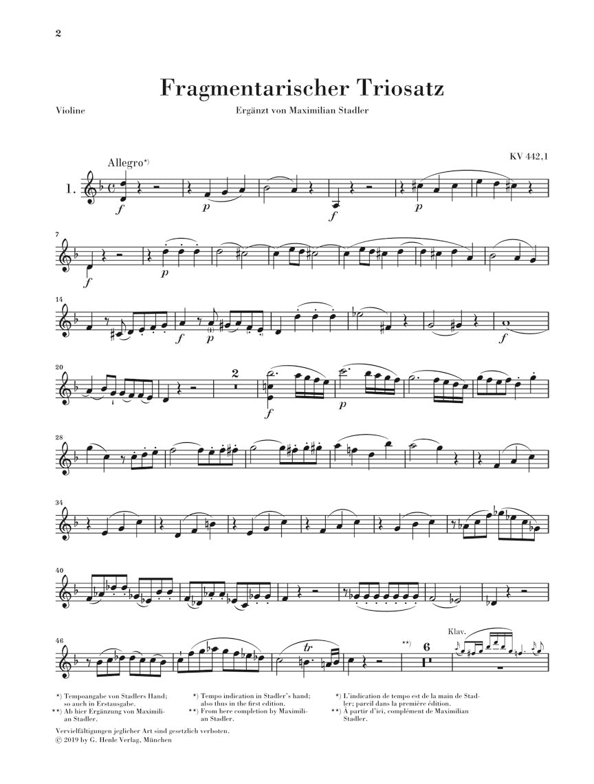 Mozart: Three Movements for Piano Trio, Fragments K. 442