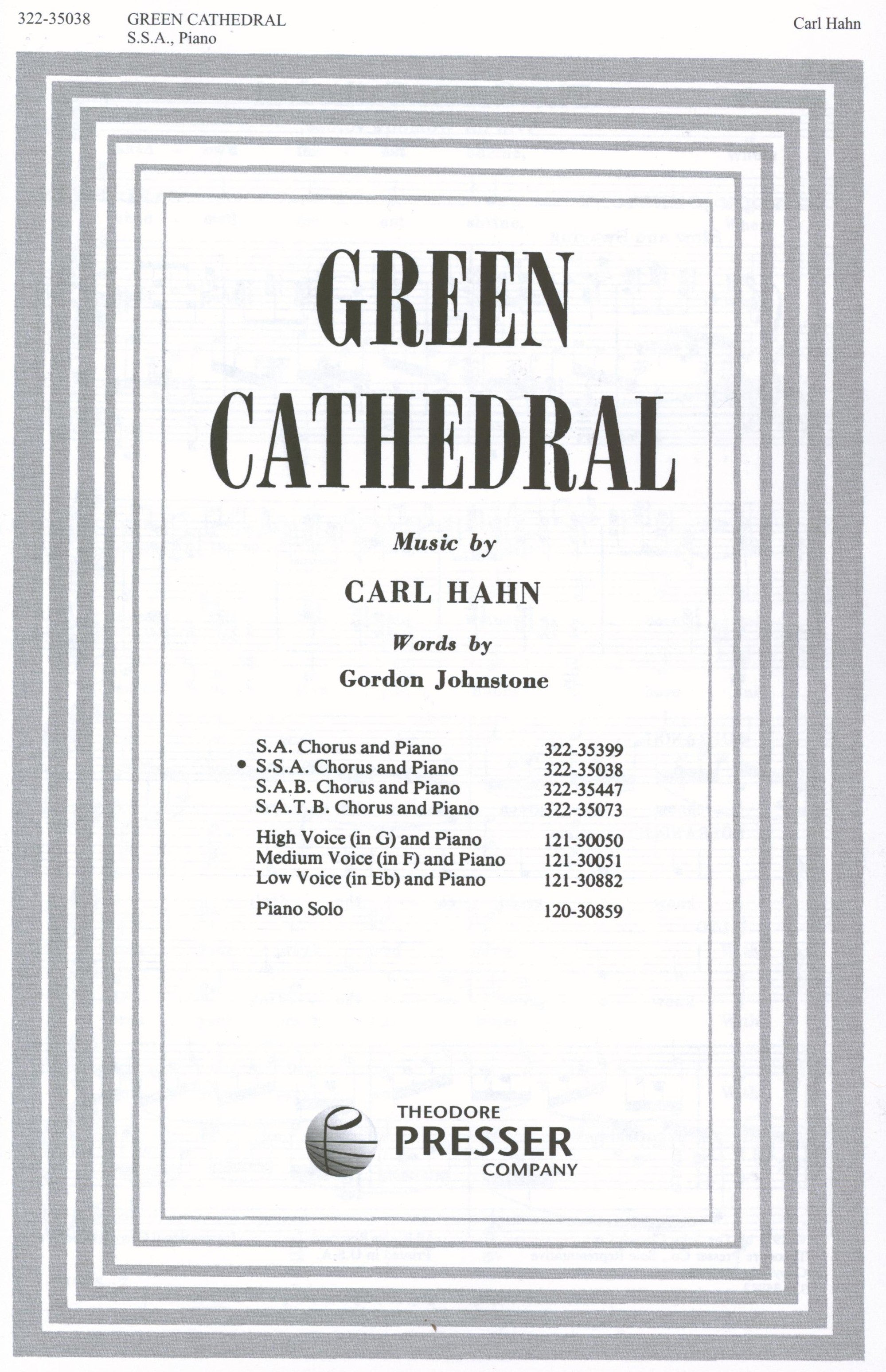 Hahn: Green Cathedral (Version for SSA Chorus & Piano)