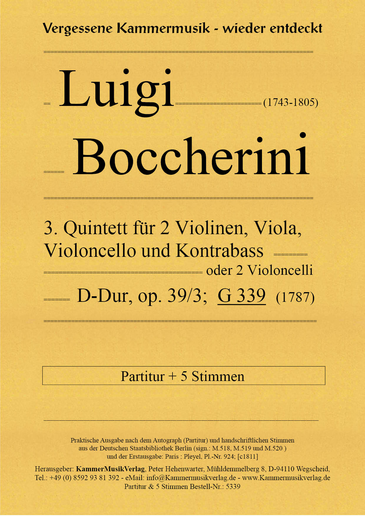 Boccherini: String Quintet No. 3 in D Major, G 339, Op. 39, No. 3