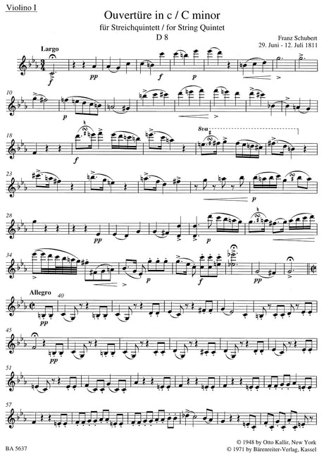 Schubert: Overture for String Quintet in C Minor, D 8