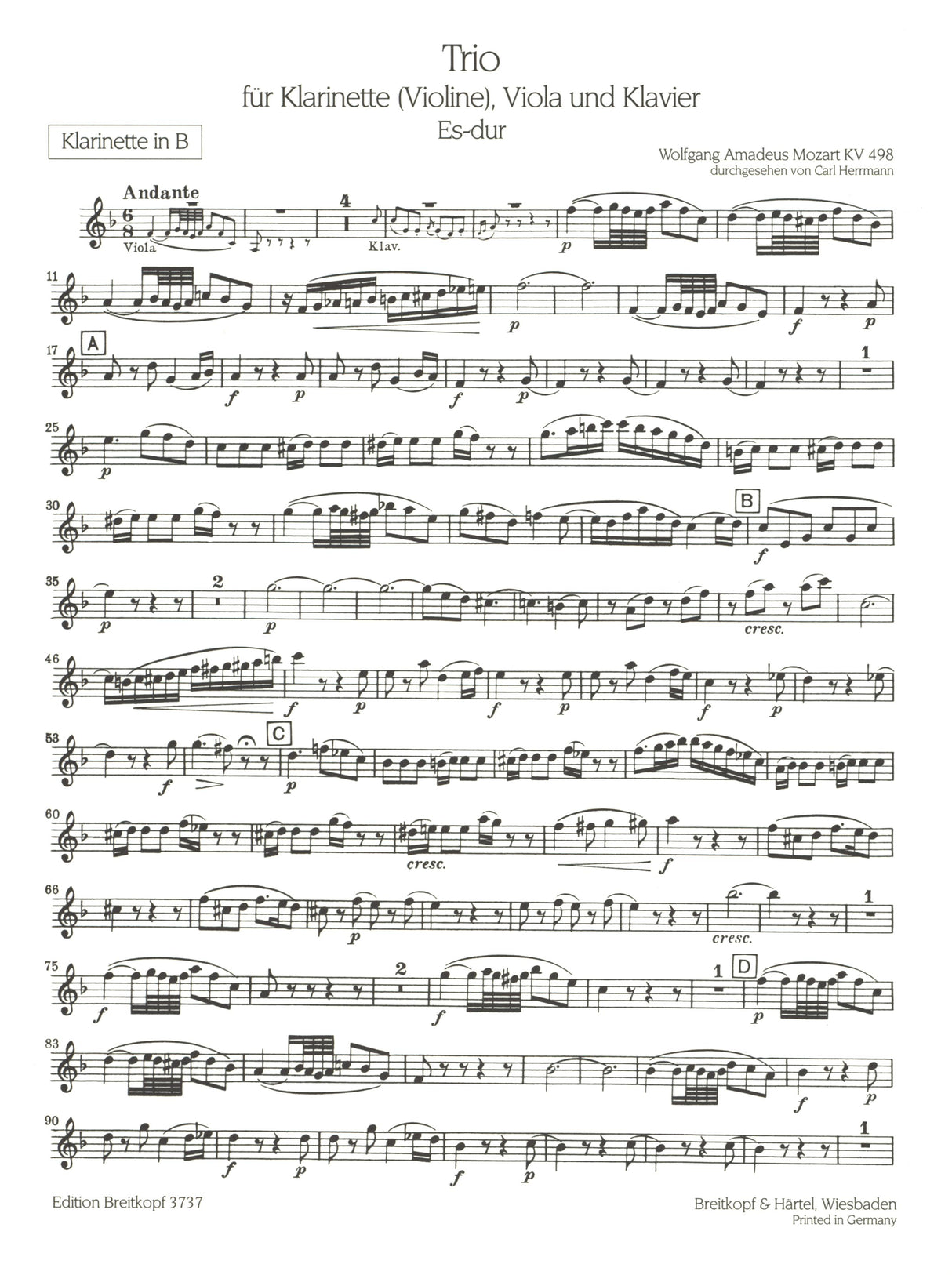 Mozart: Trio for Piano, Clarinet or Violin, Viola in E-flat Major ("Kegelstatt Trio"), K. 498