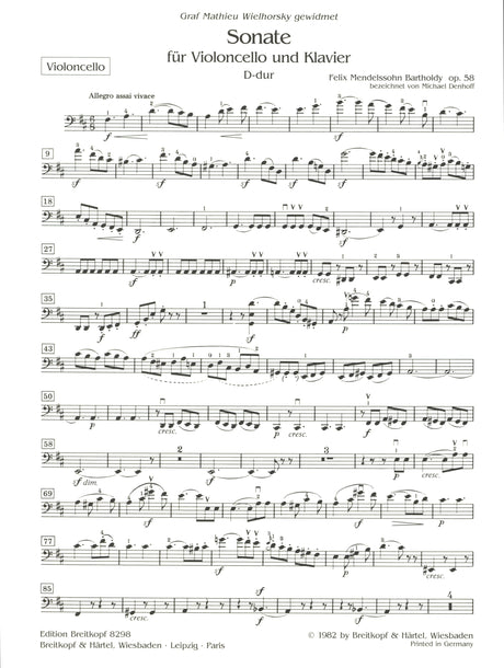 Mendelssohn: Cello Sonata in D Major, MWV Q 32, Op. 58