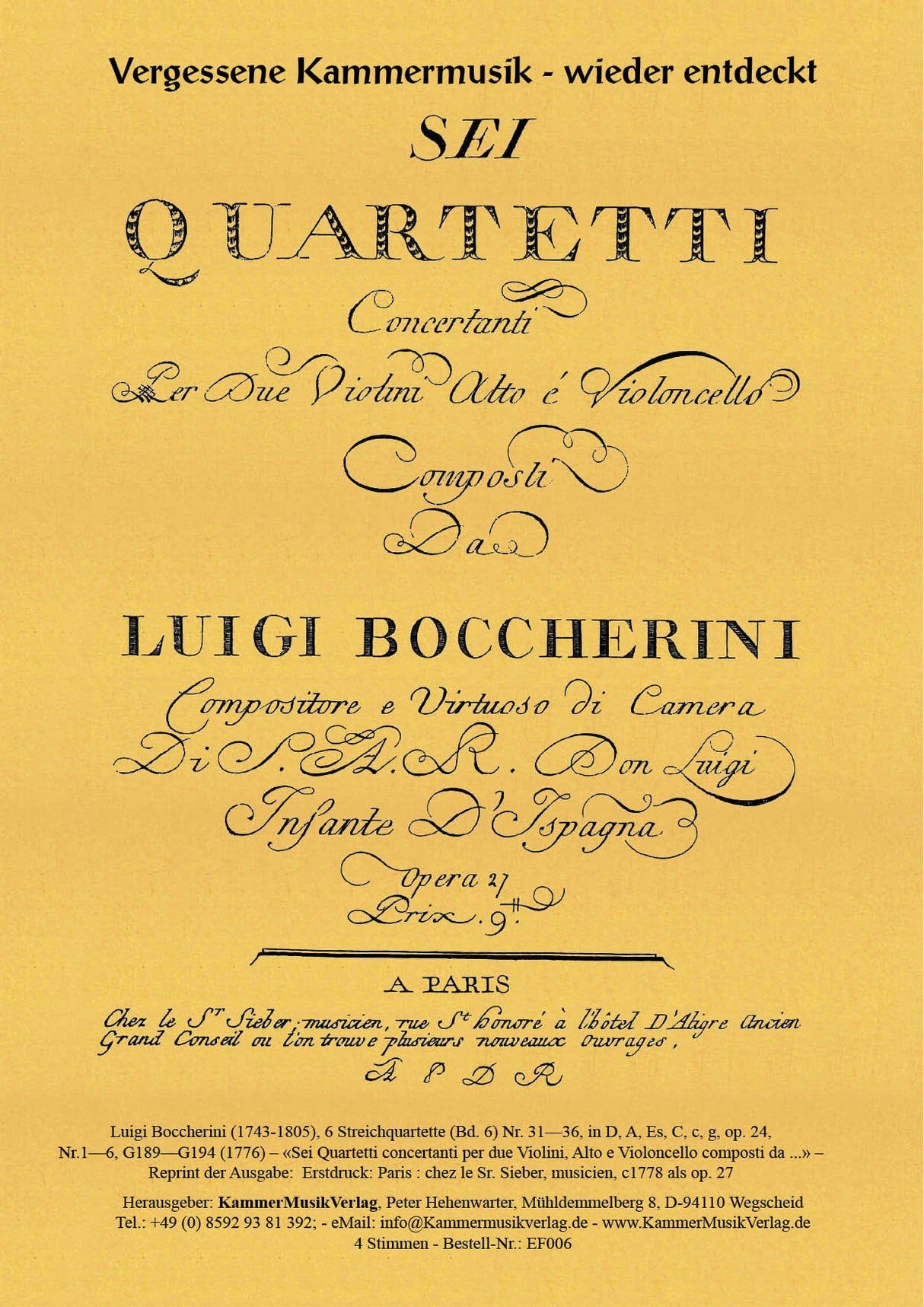 Boccherini: String Quartets Nos. 31-36, G 189-194, Op. 24