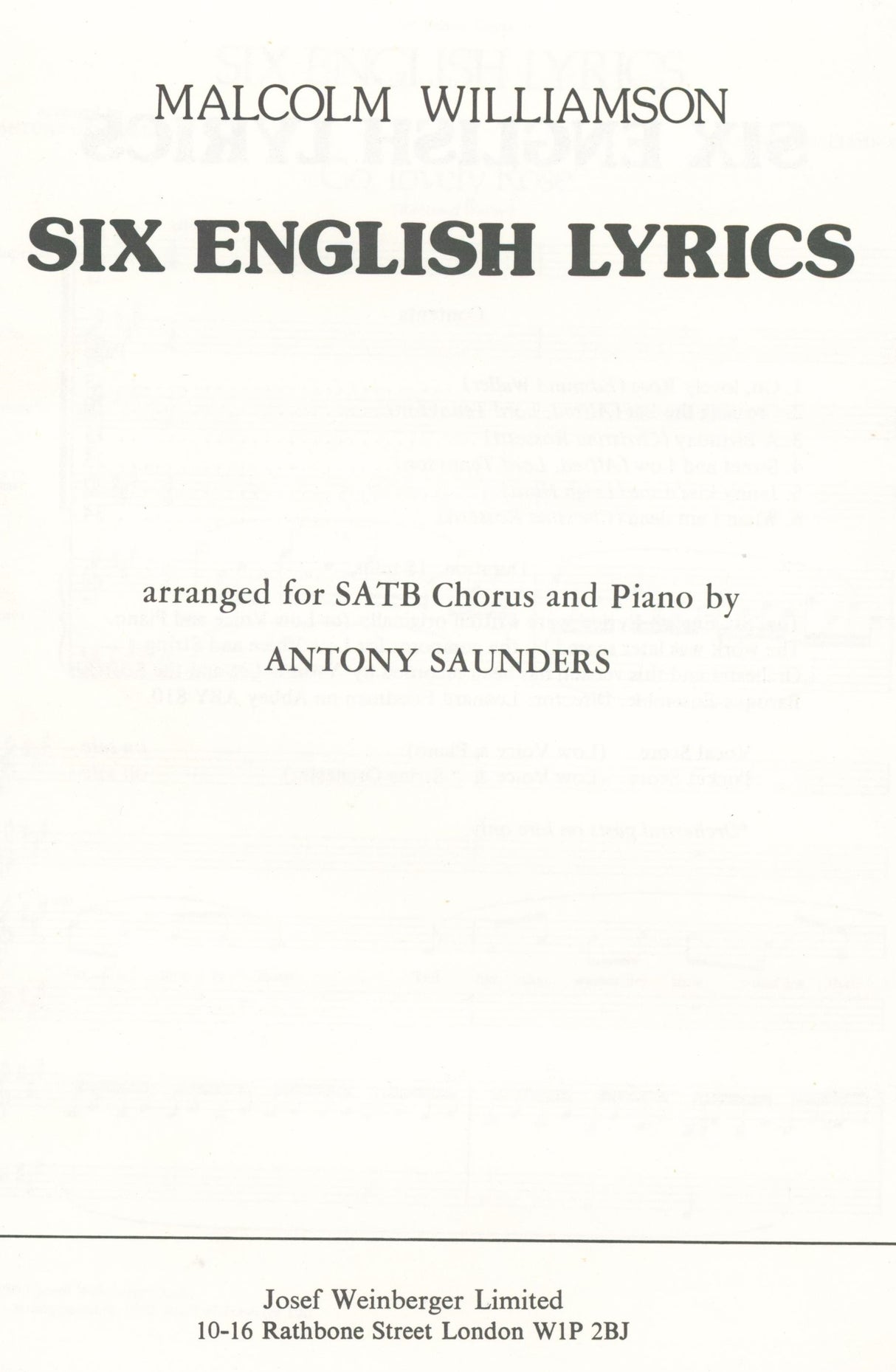 Williamson: 6 English Lyrics (arr. for SATB & piano)