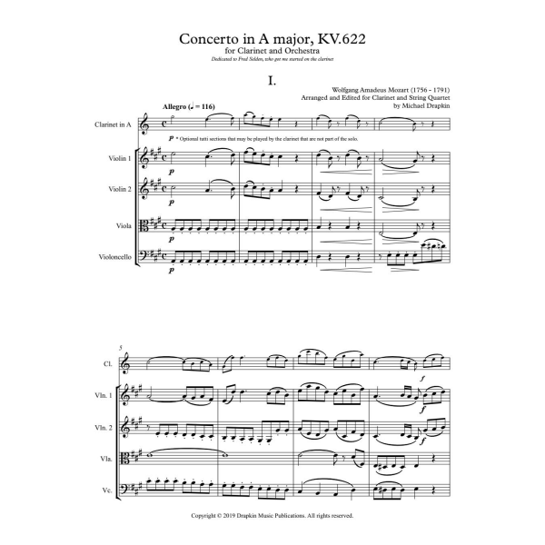 Mozart: Clarinet Concerto in A Major (arr. for clarinet and string quartet)