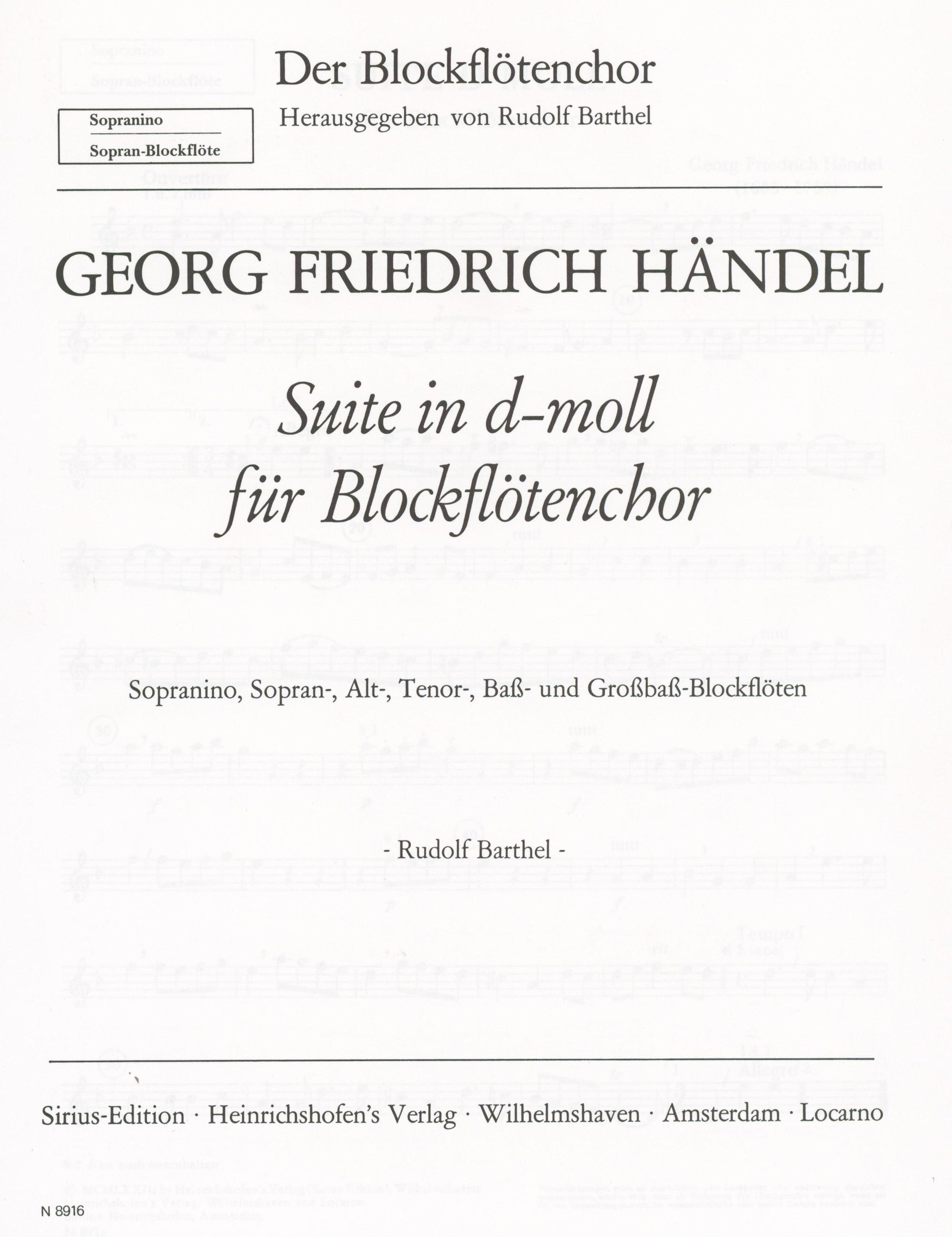 Handel: Suite in D Minor, HWV 448 (arr. for SATB recorders)