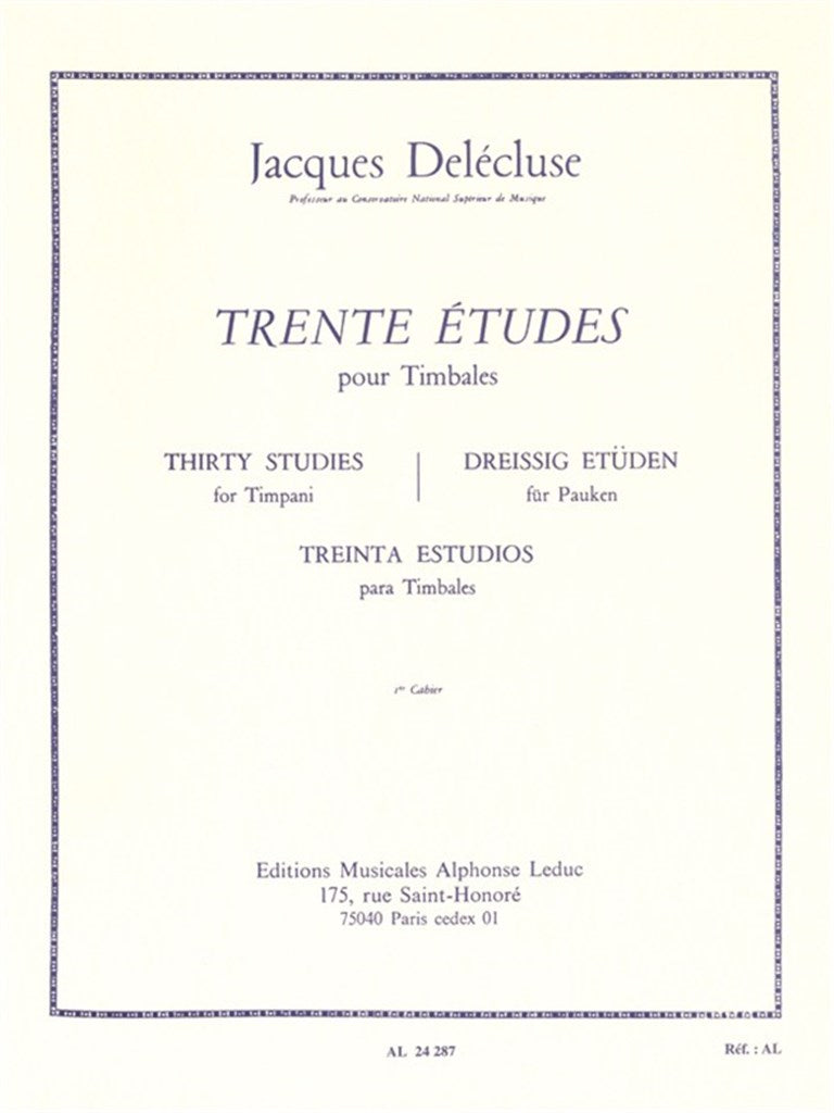 Delécluse: 30 Etudes for Timpani - Volume 1 (Nos. 1-10)
