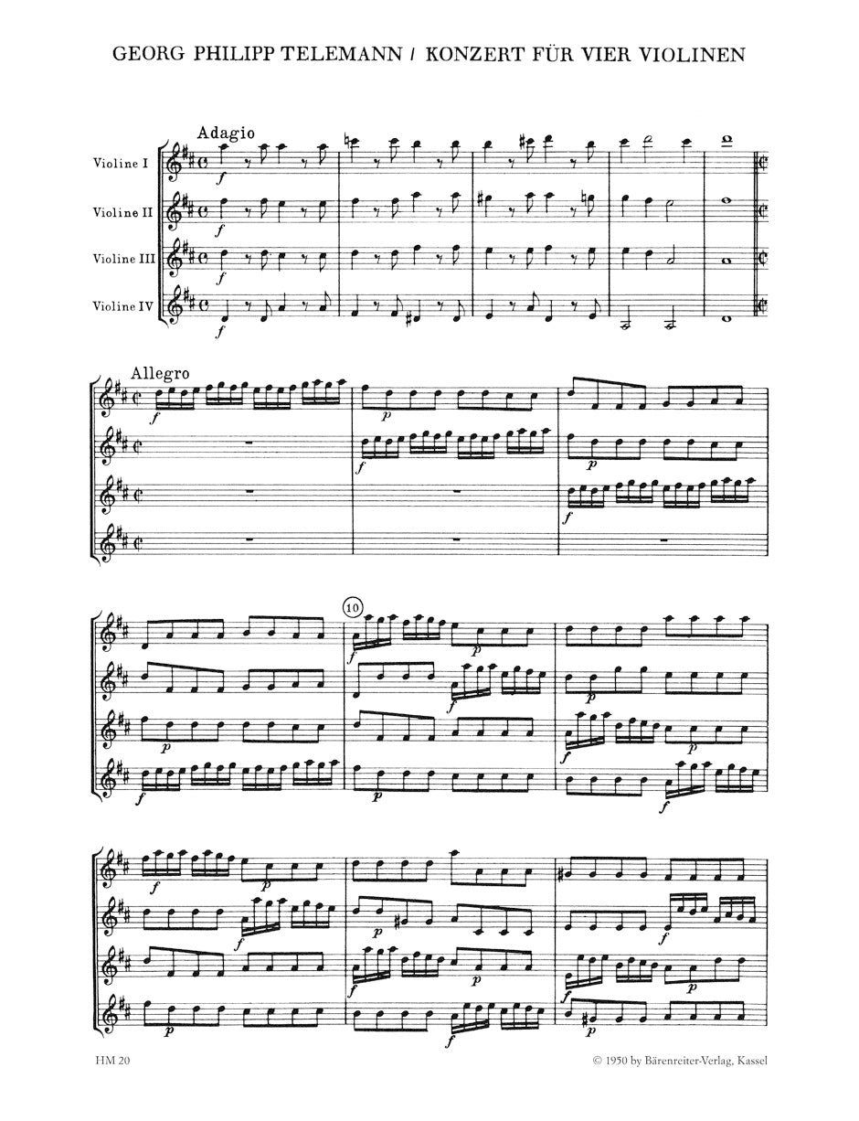 Tag et bad med sig Specialitet Telemann: Concerto for 4 Violins Without Bass, TWV 40:202 - Ficks Music